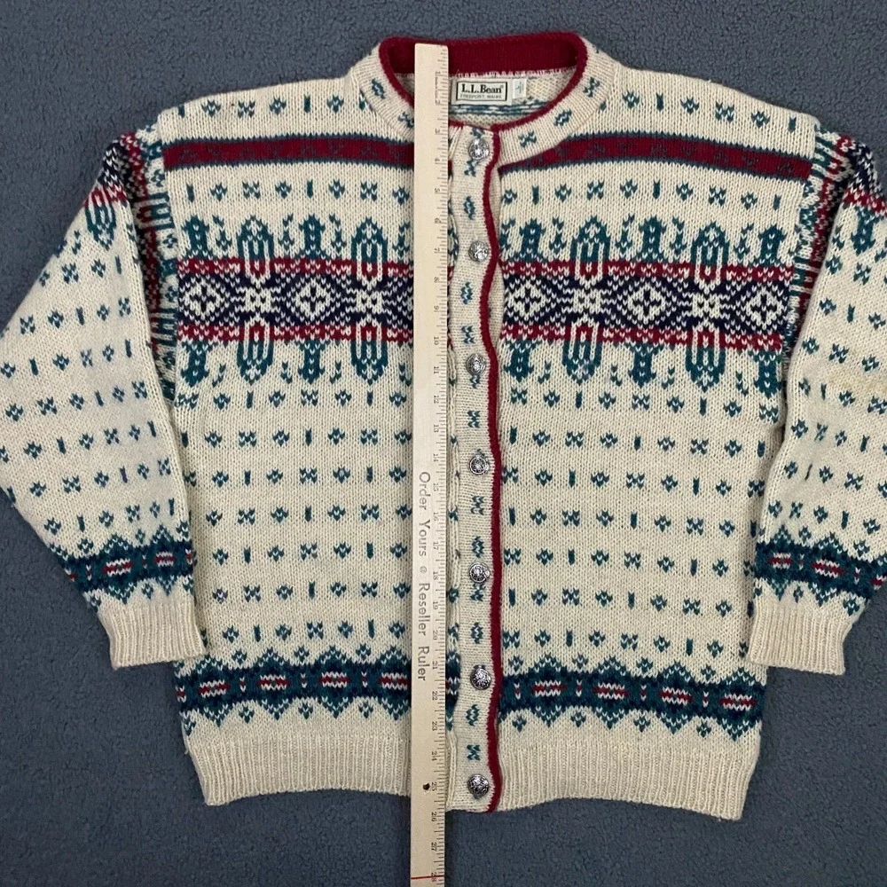 Vintage LL Bean Sweater Womens Large Fair Isle Nordic Cardigan Wool USA Made - Picture 10 of 12